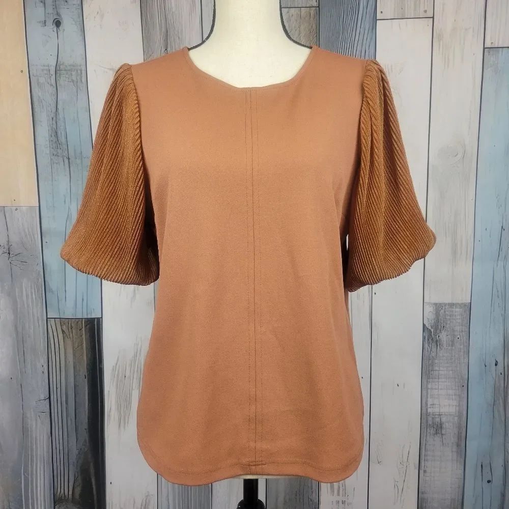 Melloday Brown Mixed Media Puffed Pleated Sleeve Blouse Top Size Small